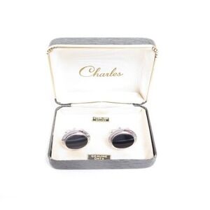 Vintage Black Onyx Signed Sterling Silver Cufflinks Old Stock Original Box